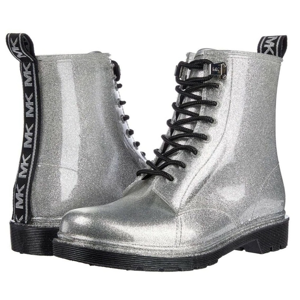 Michael Kors Silver Glitter Tavie Lug Sole Lace Up Combat Rain Booties Size 6 - Picture 1 of 11